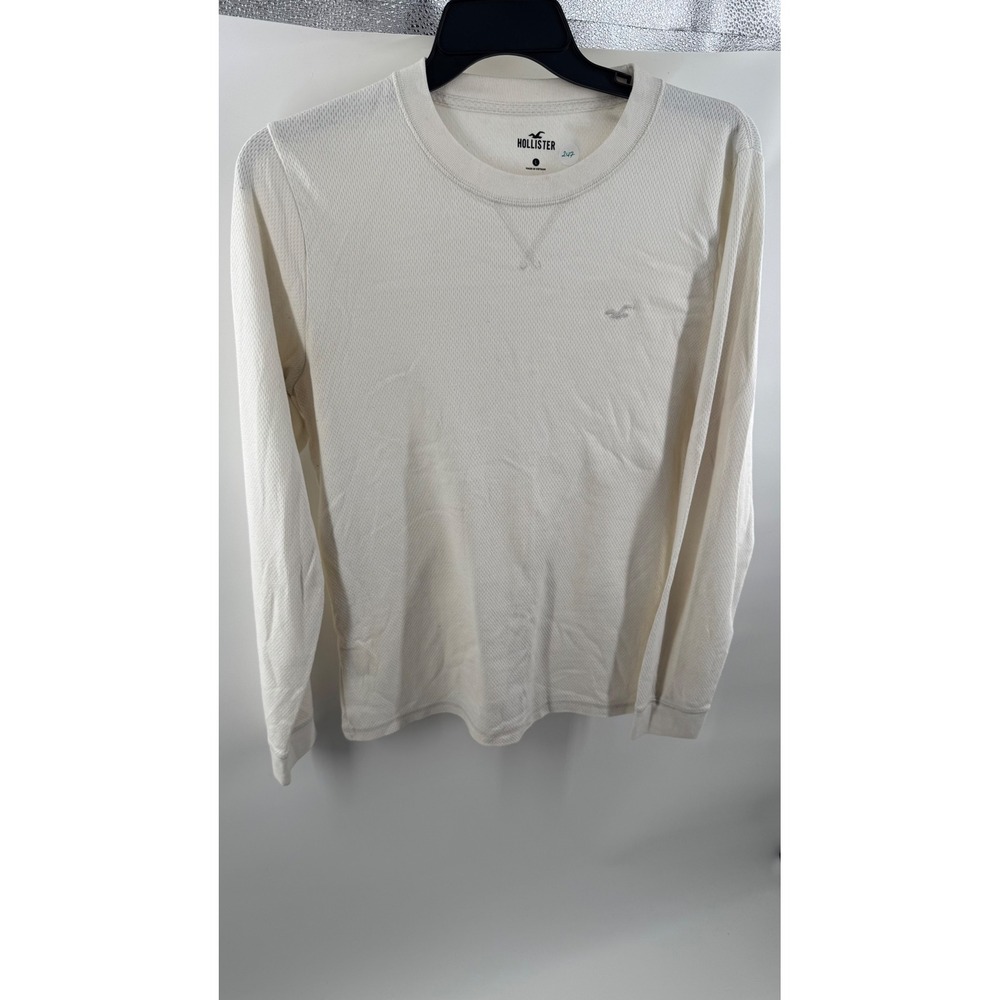 Hollister Mens Long Sleeve‎ Waffle Knit Thermal Shirt Cream White Logo Large